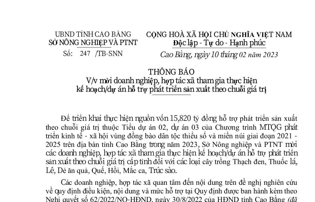 THÔNG BÁO Về việc mời doanh nghiệp, hợp tác xã tham gia thực hiện kế hoạch dự án hỗ trợ phát triển sản xuất theo chuỗi giá trị