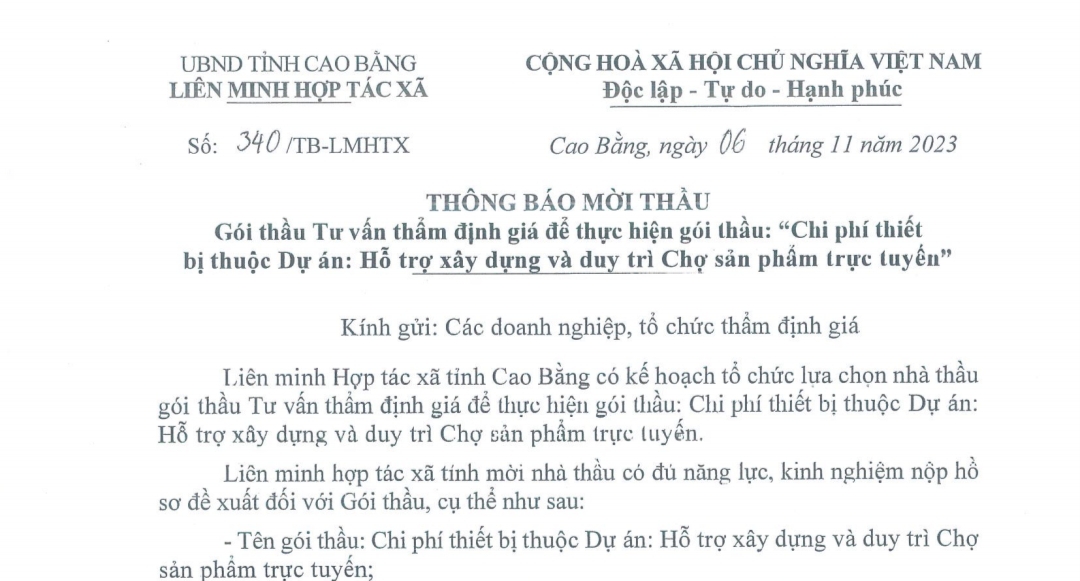 Thông báo mời tham gia Gói thầu Tư vấn thẩm định giá để thực hiện gói thầu: “Chi phí thiết bị thuộc Dự án: Hỗ trợ xây dựng và duy trì Chợ sản phẩm trực tuyến”