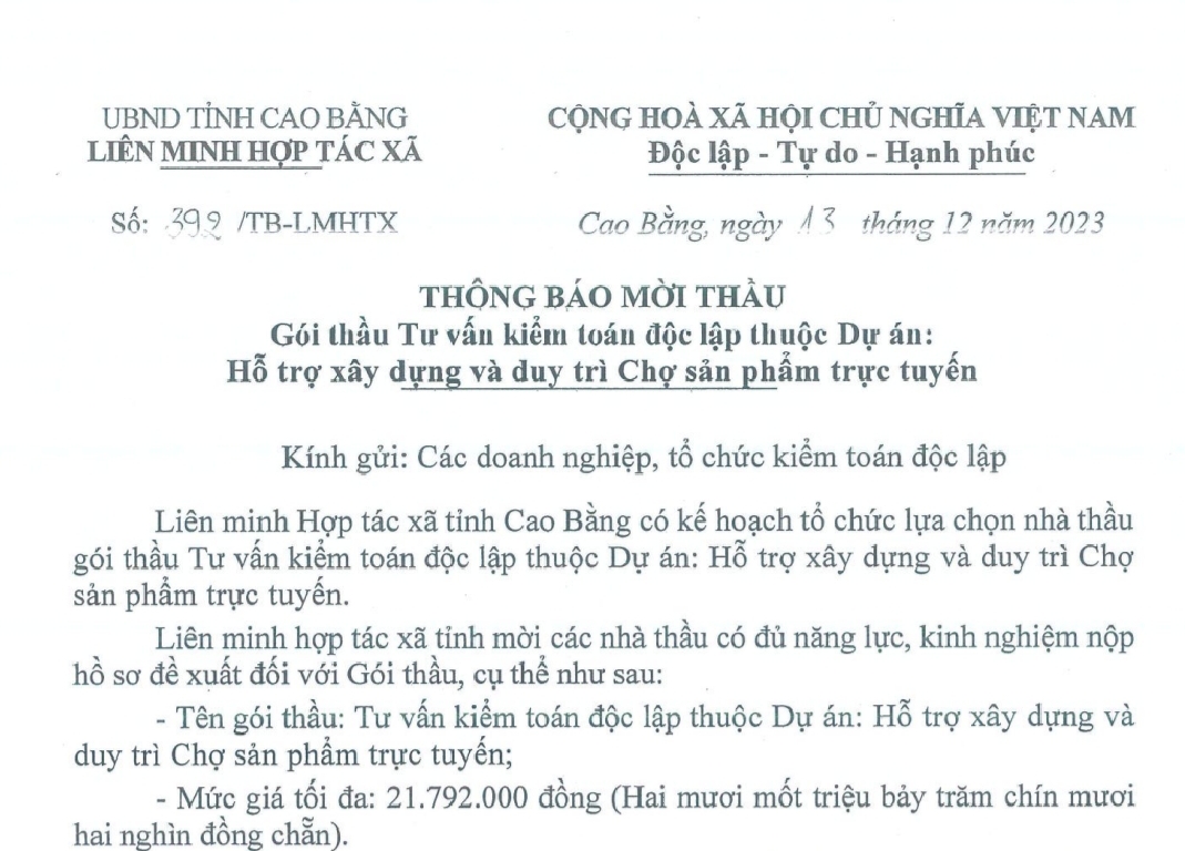 Thông báo mời tham gia Gói thầu Tư vấn tư vấn kiểm toán độc lập thuộc Dự án: “Hỗ trợ xây dựng và duy trì Chợ sản phẩm trực tuyến”hẩ