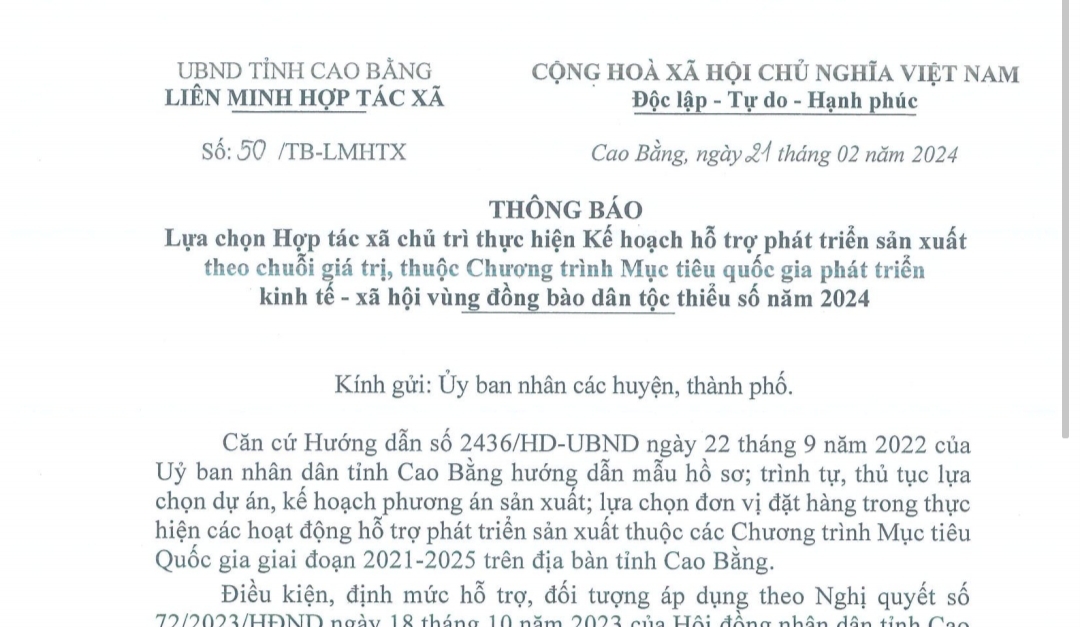 Thông báo Lựa chọn HTX chủ trì thực hiện Kế hoạch hỗ trợ phát triển sản xuất theo chuỗi giá trị