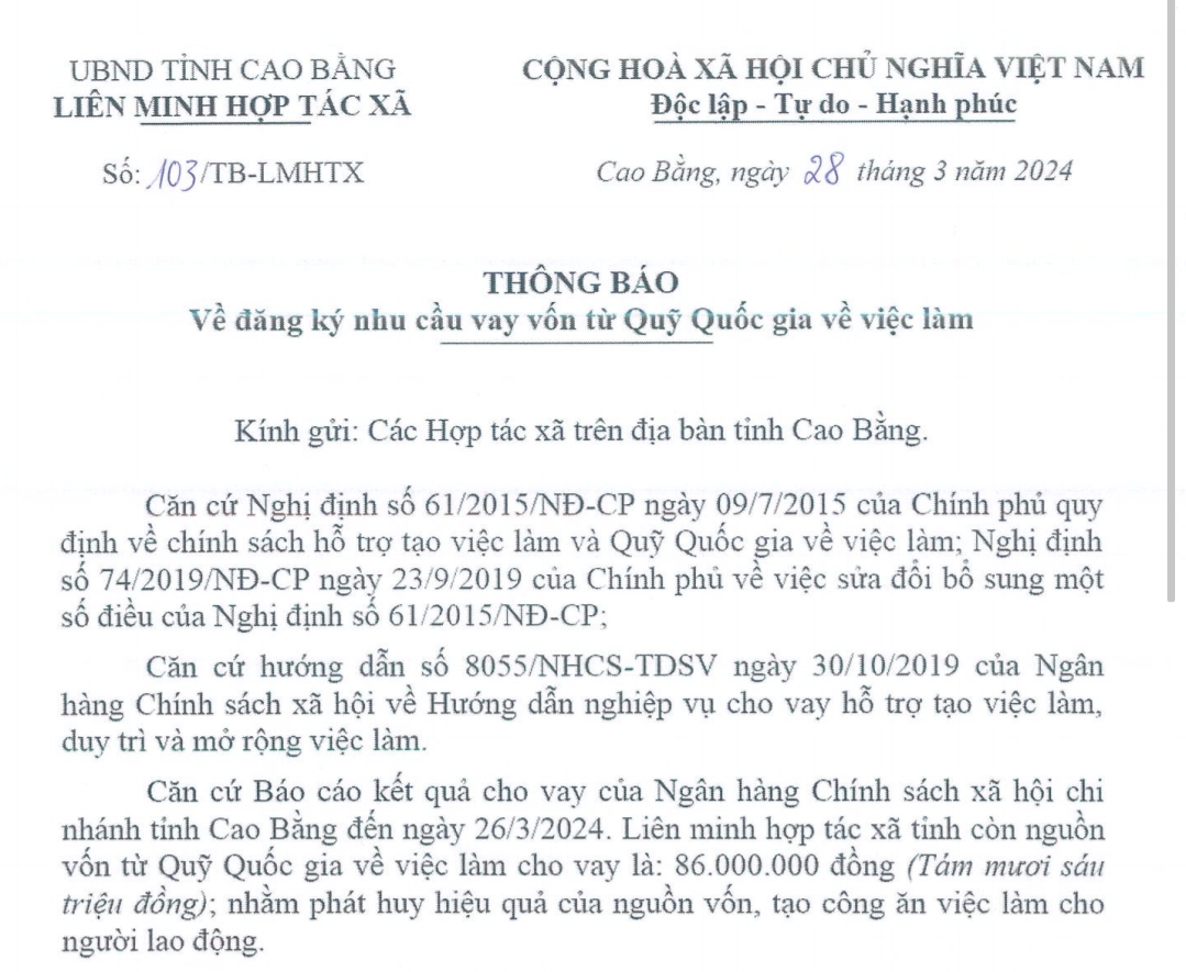 Thông báo về đăng ký nhu cầu vay vốn từ Quỹ Quốc gia về việc làm