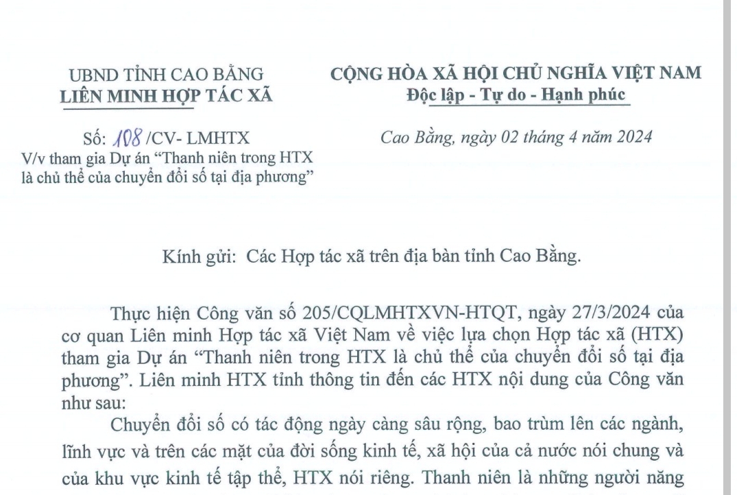 Thông báo Tham gia Dự án "Thanh niên trong HTX là chủ thể của chuyển đổi số tại địa phương"