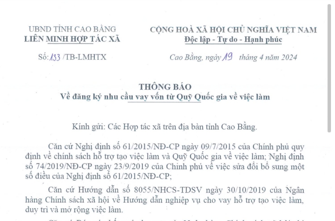 Thông báo về đăng ký nhu cầu vay vốn từ Quỹ Quốc gia về việc làm