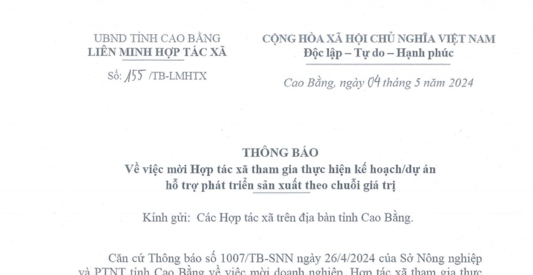 Thông báo về việc mời Hợp tác xã tham gia thực hiện kế hoạch/dự án hỗ trợ phát triển sản xuất theo chuỗi giá trị