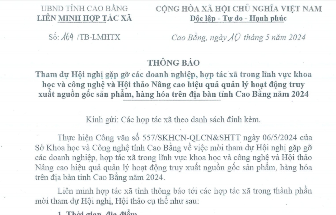 Thông báo tham dự Hội nghị gặp gỡ các doanh nghiệp, hợp tác xã