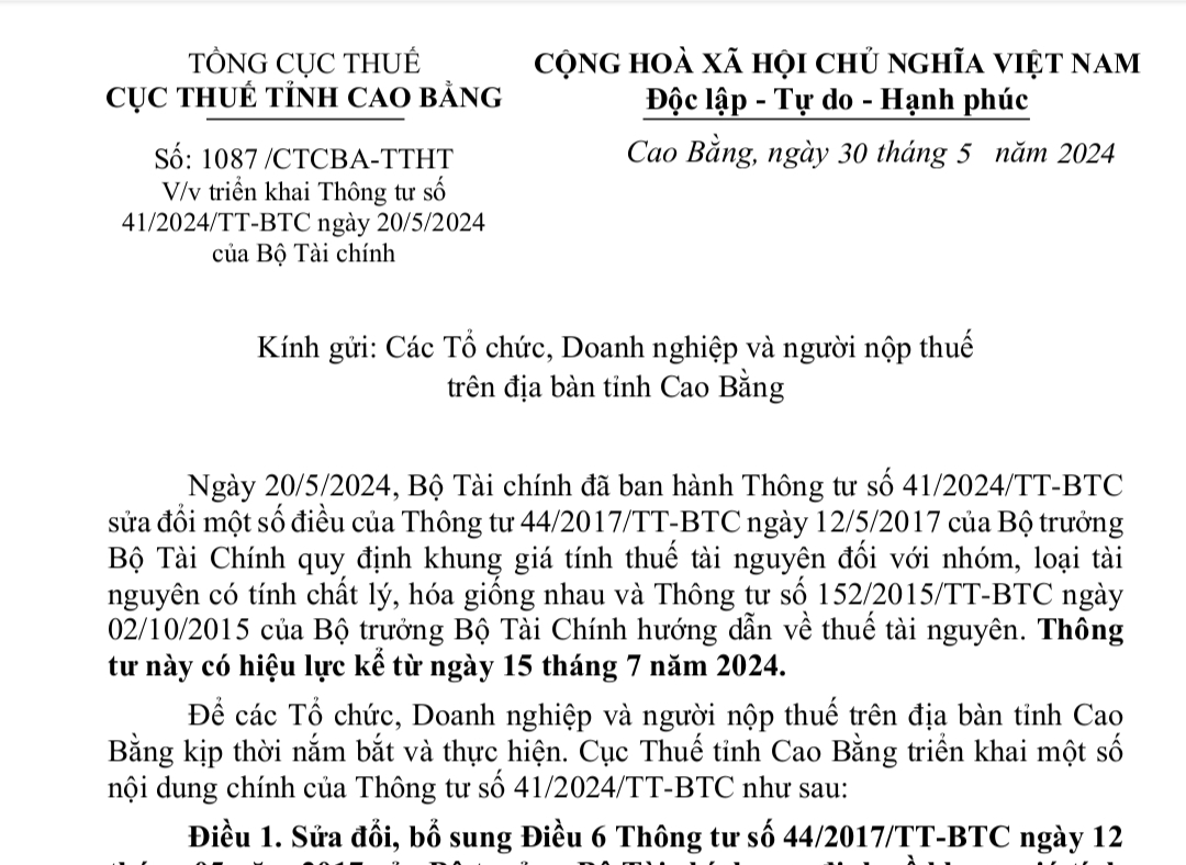 Triển khai Thông tư số 41/2024/TT-BTC ngày 20/5/2024 của Bộ Tài chính