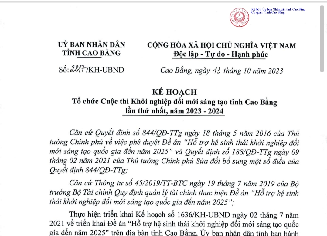 Kế hoạch tổ chức cuộc thi Khởi nghiệp đổi mới sáng tạo tỉnh Cao Bằng lần thứ nhất, năm 2023 -2024