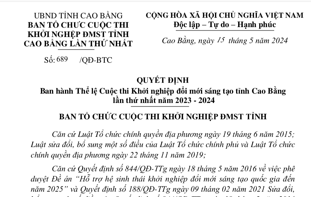 Quyết định và Thể lệ cuộc thi Khởi nghiệp đổi mới sáng tạo tỉnh Cao Bằng lần thứ nhất, năm 2023 -2024