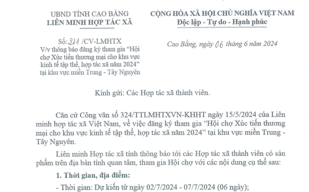 Thông báo đăng ký tham gia "Hội chợ xúc tiến thương mại cho khu vực kinh tế tập thể, hợp tác xã năm 2024" tại khu vực Miền Trung - Tây Nguyên"