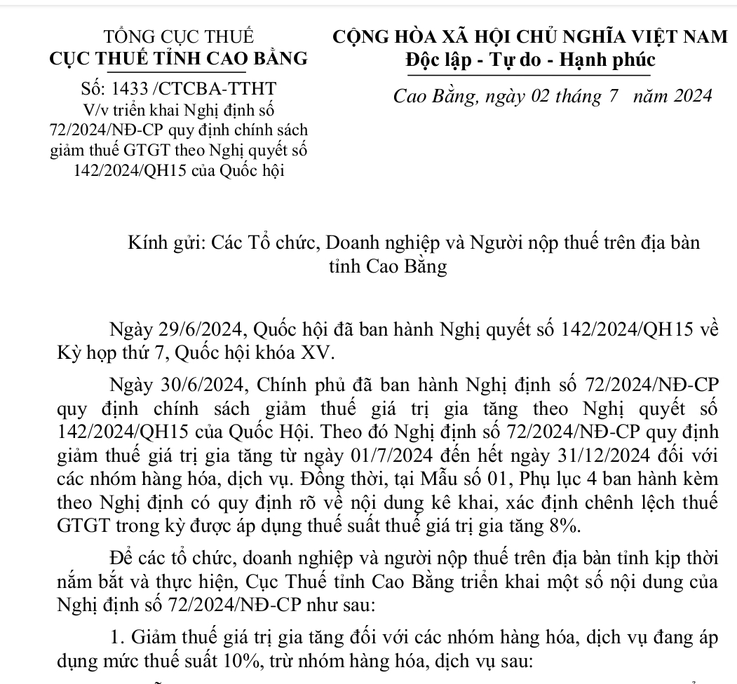 Triển khai Nghị định số 72/2024/NĐ-CP quy định chính sách giảm thuế GTGT theo Nghị quyết số 142/2024/QH15 của Quốc hội.