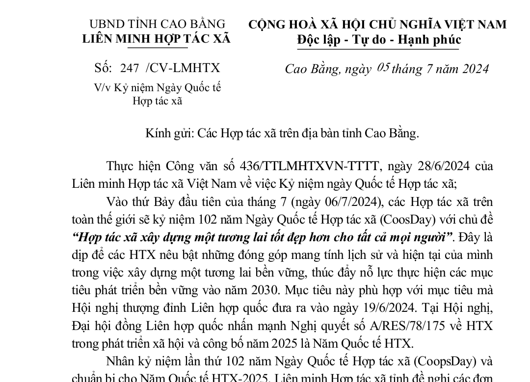 Kỷ niệm Ngày Quốc tế Hợp tác xã