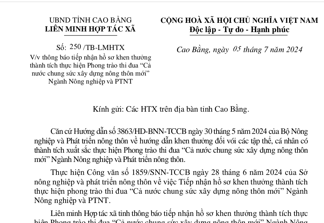 thông báo về việc tiếp nhận hồ sơ khen thưởng thành tích thực hiện Phong trào thi đua “Cả nước chung sức xây dựng nông thôn mới” Ngành Nông nghiệp và PTNT