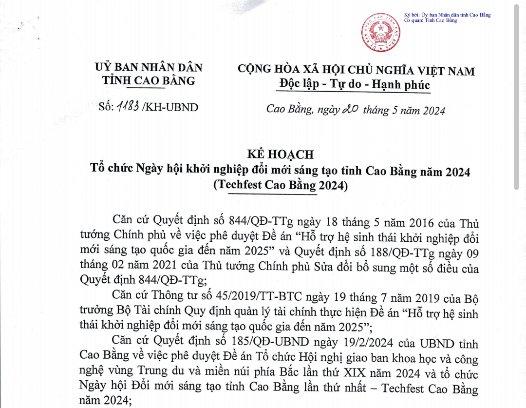 Kế hoạch Tổ chức Ngày hội khởi nghiệp đổi mới sáng tạo tỉnh Cao Bằng năm 2024 (Techfest Cao Bằng 2024)