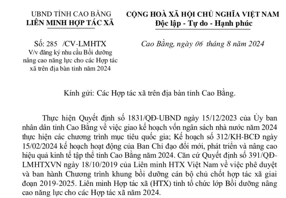 Đăng ký nhu cầu Bồi dưỡng nâng cao năng lực cho các Hợp tác xã trên địa bàn tỉnh năm 2024