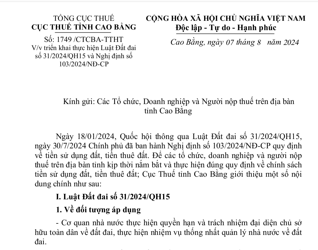 Triển khai thực hiện Luật Đất đai số 31/2024/QH15 và Nghị định số 103/2024/NĐ-CP