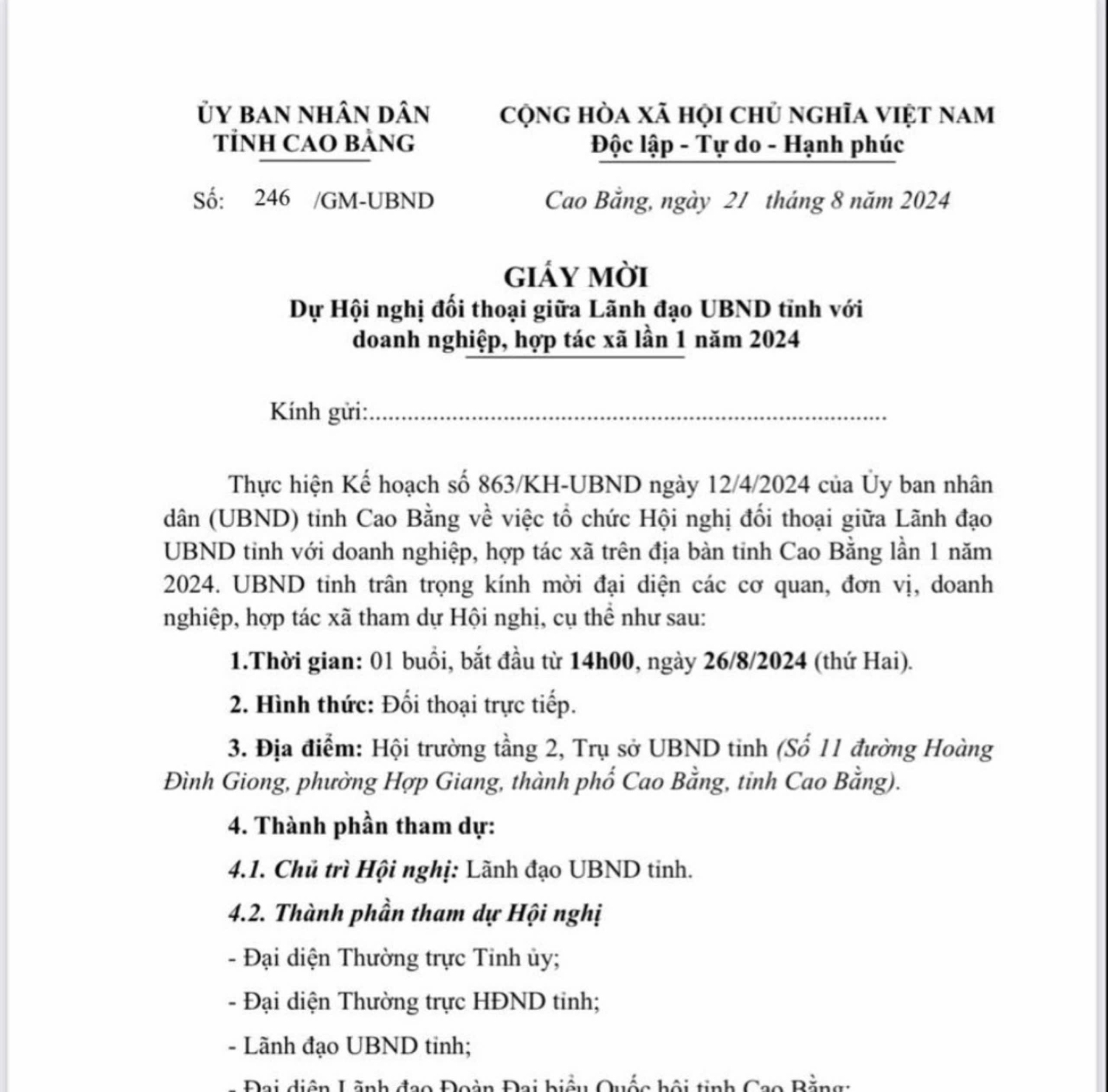 Giấy mời Dự hội nghị đối thoại giữa Lãnh đạo UBND tỉnh với doanh nghiệp, hợp tác xã lần 1 năm 2024