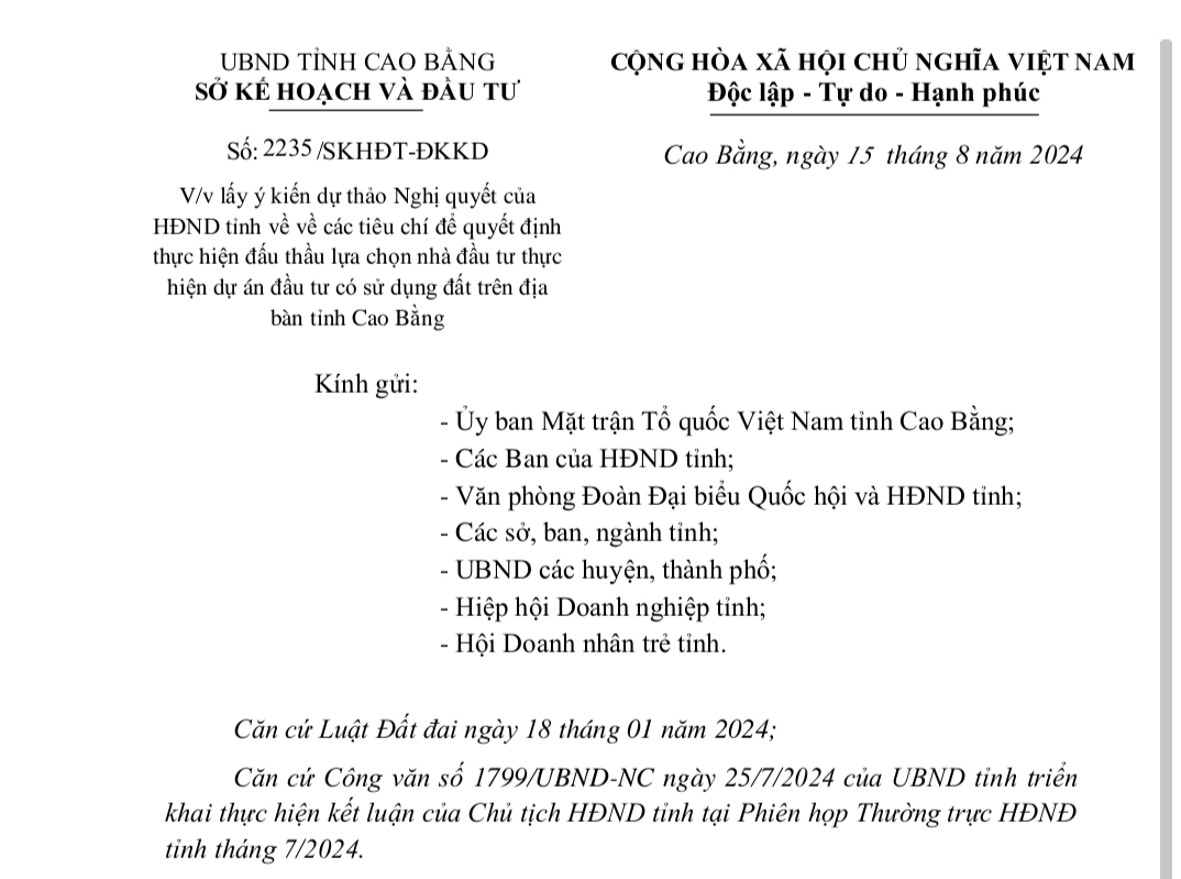 Lấy ý kiến dự thảo Nghị quyết của HĐND tỉnh về các tiêu chí để quyết định thực hiện đấu thầu lựa chọn nhà đầu tư thực hiện dự án đầu tư có sử dụng đất trên địa bàn tỉnh Cao Bằng