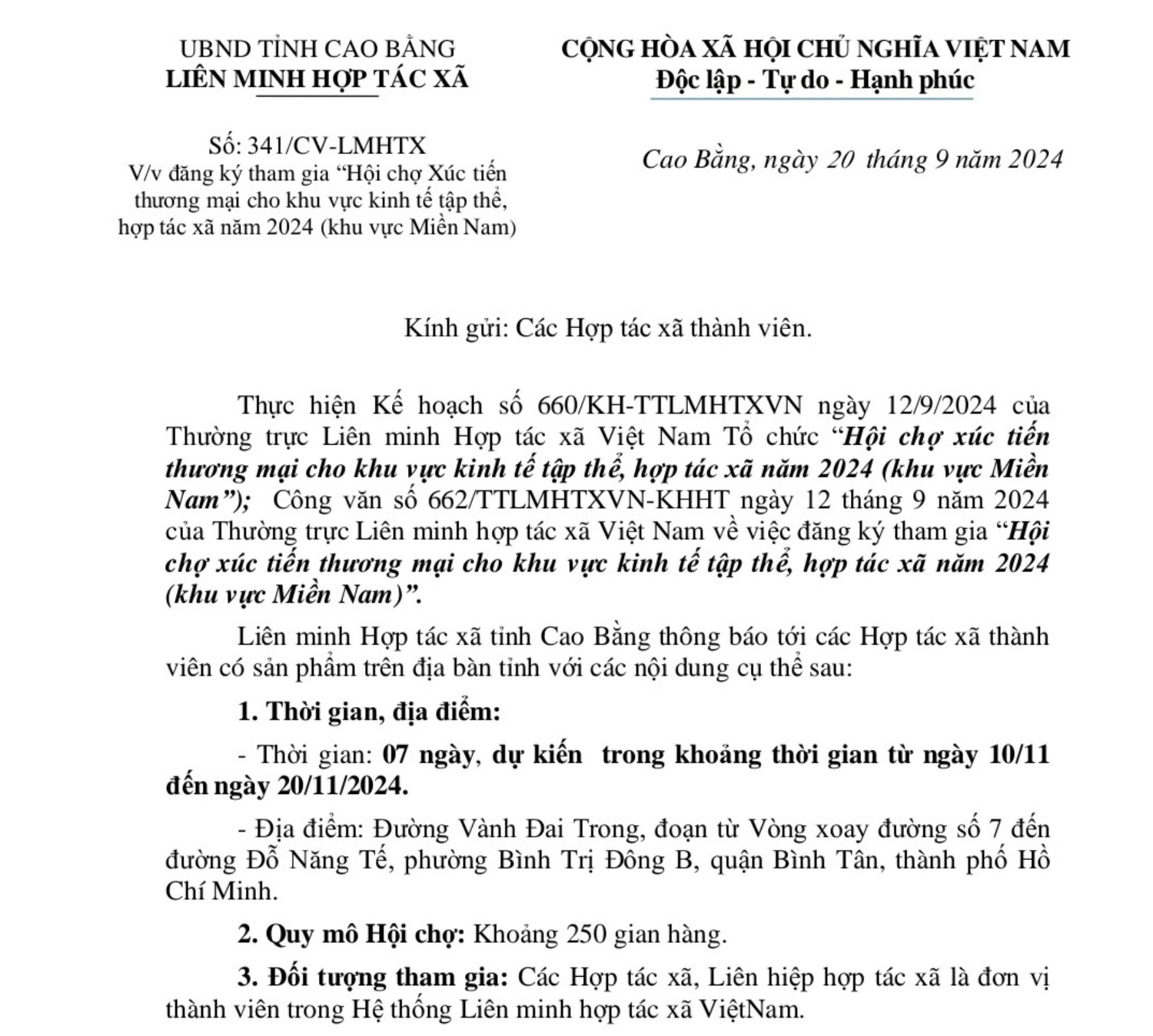 Đăng ký tham gia "Hội chợ xúc tiến thương mại cho khu vực kinh tế tập thể, hợp tác xã năm 2024 (khu vực miền Nam)