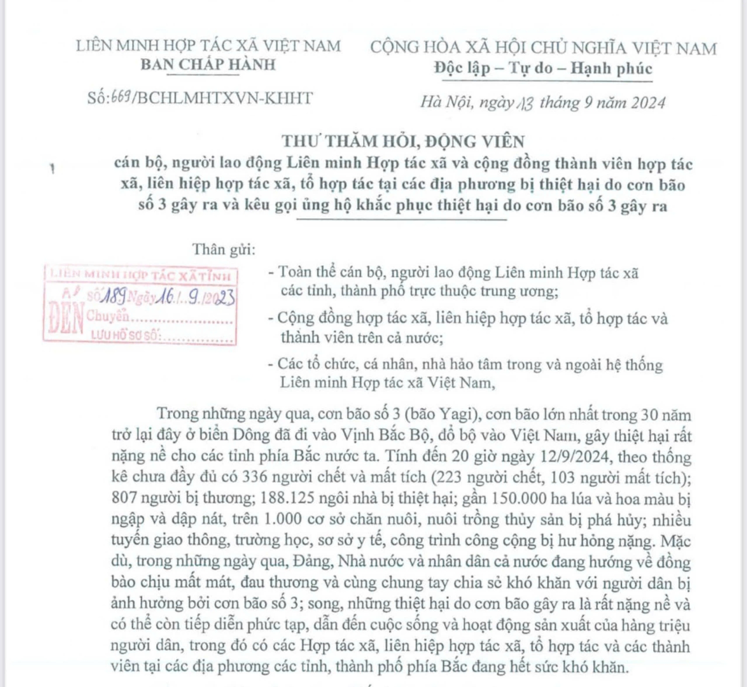 Thư thăm hỏi, động viên cán bộ, người lao động Liên minh Hợp tác xã và cộng đồng thành viên hợp tác xã, liên hiệp hợp tác xã, tổ hợp tác tại các địa phương bị thiệt hại do cơn bão số 3 gây ra và kêu gọi ủng hộ khắc phục thiệt hại do cơn bão gây ra