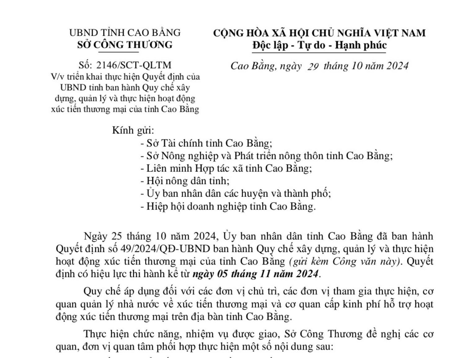 Triển khai thực hiện Quyết định của UBND tỉnh ban hành Quy chế xây dựng, quản lý và thực hiện hoạt động xúc tiến thương mại của tỉnh Cao Bằng.