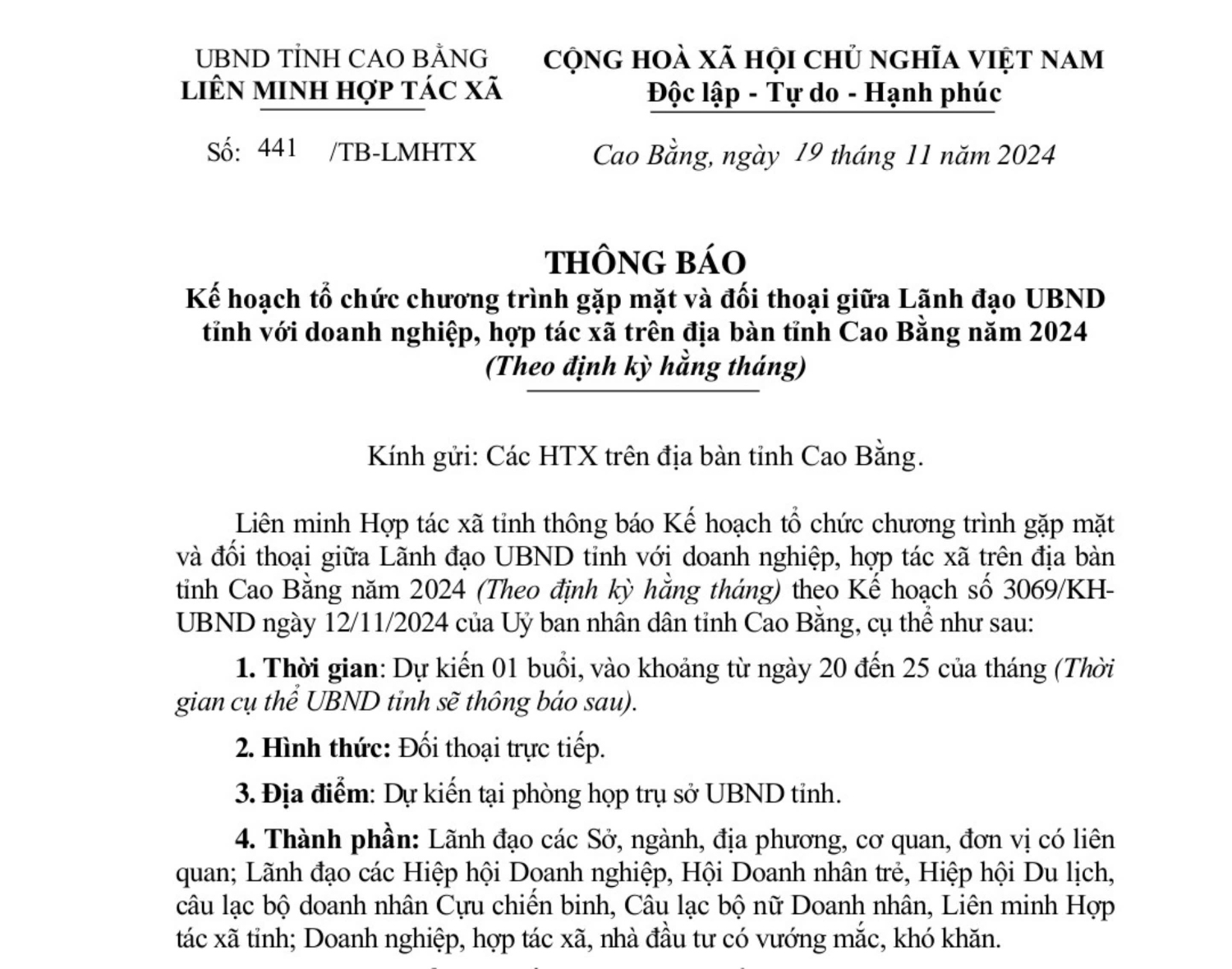 Thông báo Kế hoạch tổ chức chương trình gặp mặt và đối thoại giữa Lãnh đạo UBND tỉnh với doanh nghiệp, hợp tác xã trên địa bàn tỉnh Cao Bằng năm 2024 (Theo định kỳ hằng tháng)