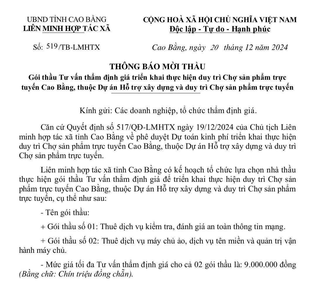 Thông báo mời thầu, gói thầu Tư vấn thẩm định giá triển khai thực hiện duy trì Chợ sản phẩm trực tuyến Cao Bằng, thuộc Dự án Hỗ trợ xây dựng và duy trì Chợ sản phẩm trực tuyến