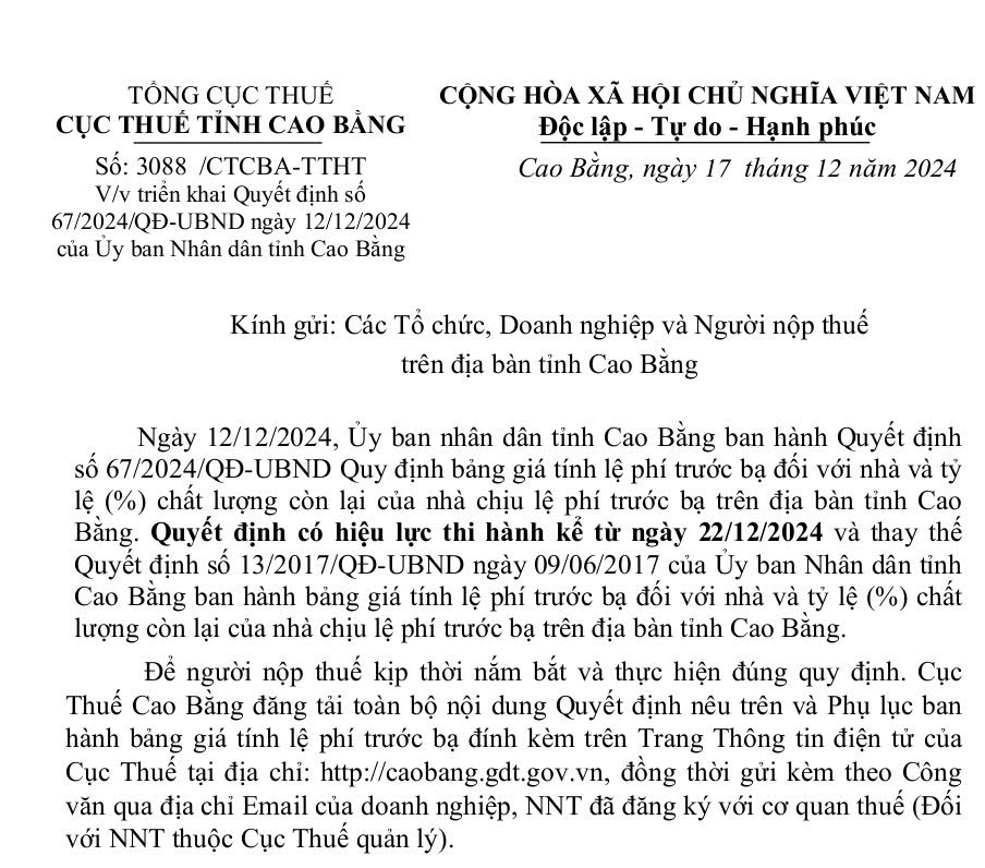 Triển khai Quyết định số 67/2024/QĐ-UBND ngày 12/12/2024 của Uỷ ban Nhân dân tỉnh Cao Bằng