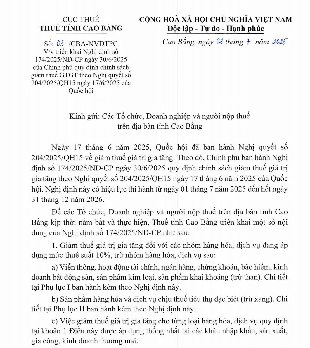Thông báo về việc triển khai Nghị định số 174/2025/NĐ-CP  về quy định chính sách giảm thuế GTGT theo Nghị định số 204/2025/QH15