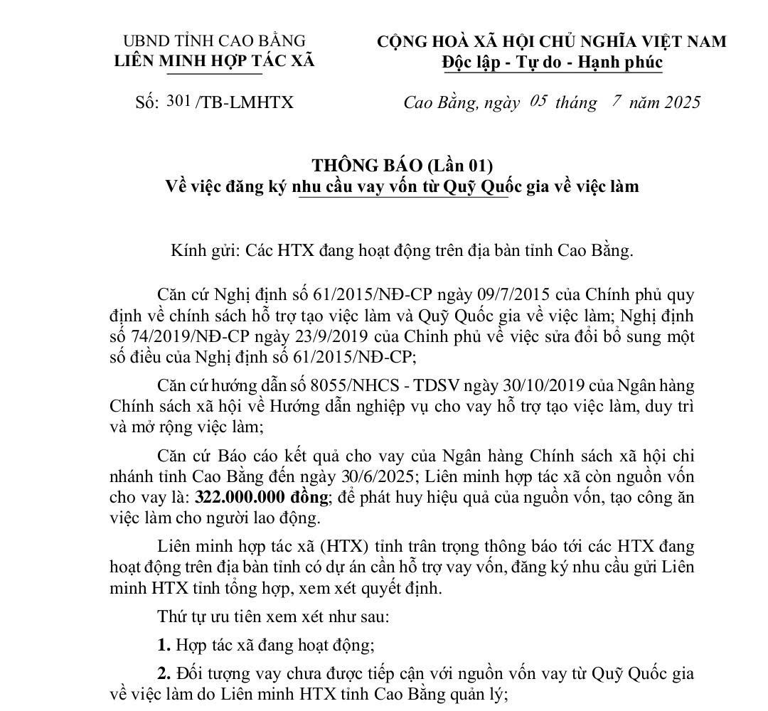 Thông báo (Lần 01) Về việc đăng ký nhu cầu vay vốn từ Quỹ Quốc gia về việc làm