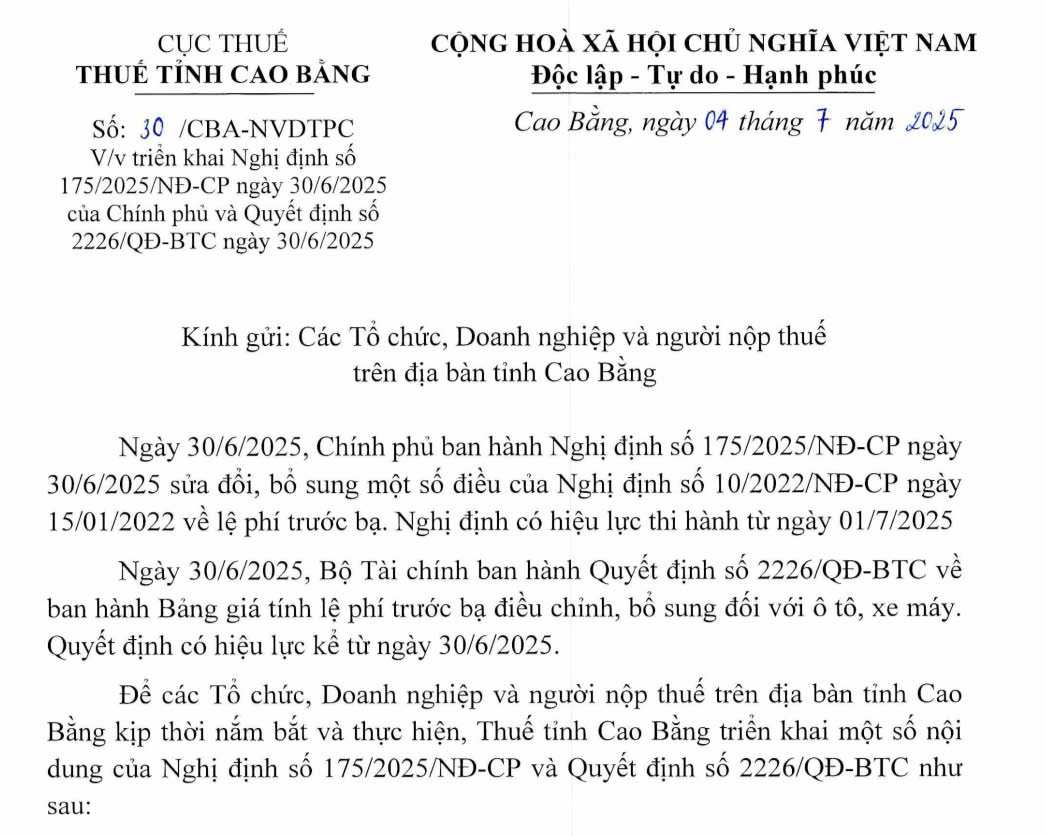 Thông báo triển khai Nghị định số 175/2025/NĐ-CP ngày 30/6/2025 của Chính phủ và Quyết định số 2226/QĐ-BTC ngày 30/6/2025