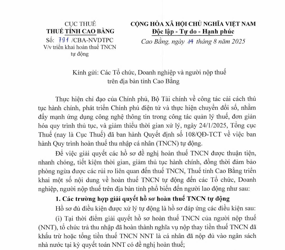 Triển khai hoàn thuế TNCN tự động