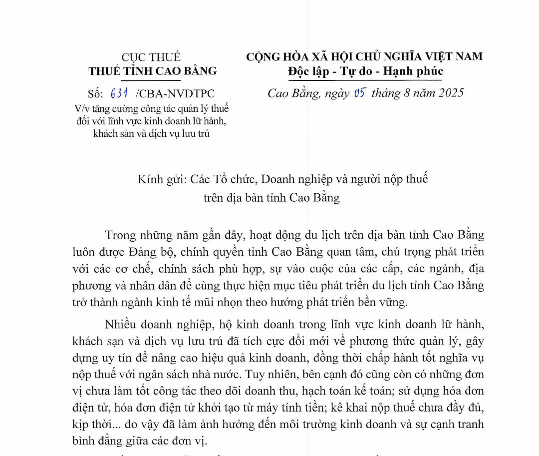 THÔNG BÁO VỀ VIỆC TĂNG CƯỜNG CÔNG TÁC QUẢN LÝ THUẾ ĐỐI VỚI LĨNH VỰC KINH DOANH LỮ HÀNH, KHÁCH SẠN VÀ DỊCH VỤ LƯU TRÚ