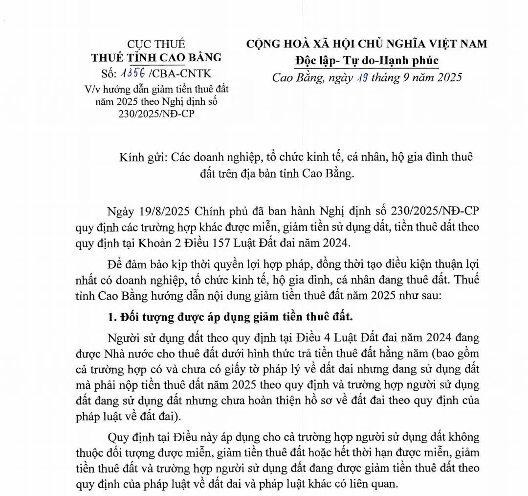 Hướng dẫn giảm tiền thuê đất năm 2025 theo Nghị định số 230/2025/NĐ-CP