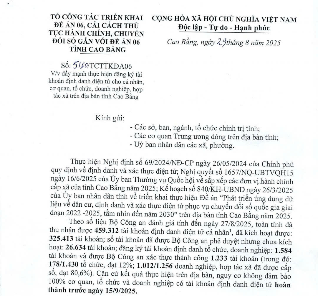 Về việc đẩy mạnh thực hiện đăng ký tài khoản định danh điện tử cho cá nhân, cơ quan, tổ chức, doanh nghiệp, hợp tác xã trên địa bàn tỉnh Cao Bằng