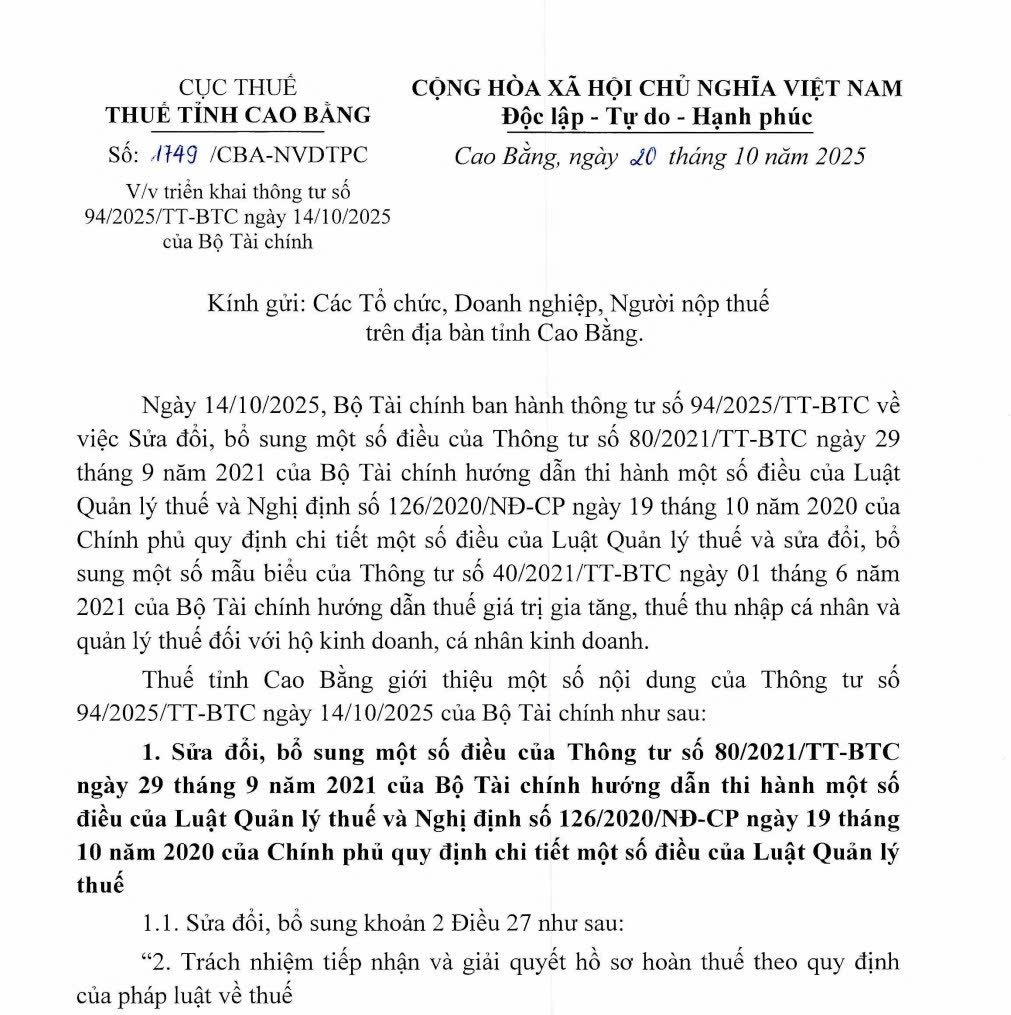 Triển khai thông tư số 94/2025/TT-BTC ngày 14/10/2025 của Bộ Tài chính