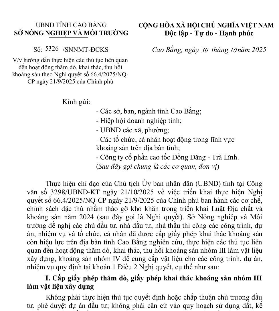 Hướng dẫn thực hiện các thủ tục liên quan đến hoạt động thăm dò, khai thác, thu hồi khoáng sản theo Nghị quyết số 66../2025/NQ-CP ngày 21/9/2025 của Chính phủ