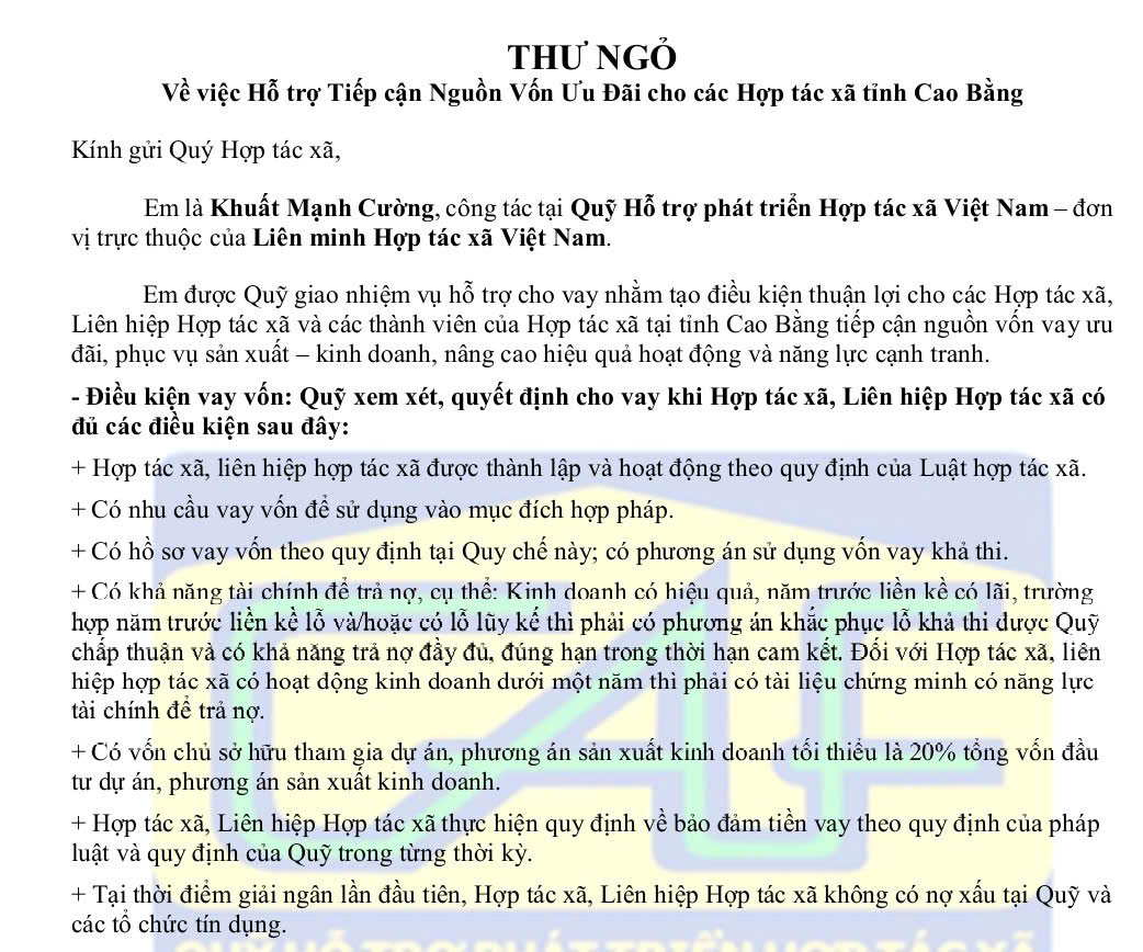 Thư ngỏ về việc Hỗ trợ Tiếp cận Nguồn Vốn Ưu Đãi cho các hợp tác xã tỉnh Cao Bằng