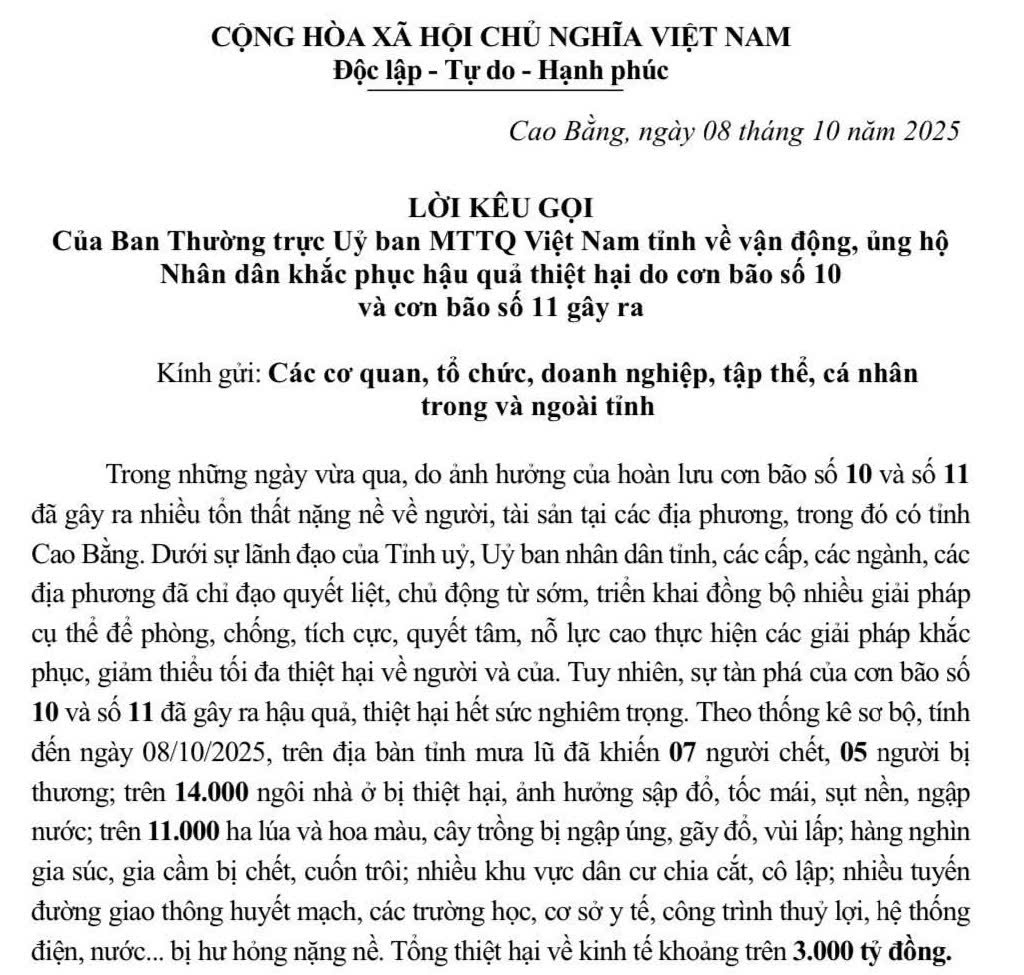 Ủy ban MTTQ tỉnh kêu gọi vận động, ủng hộ nhân dân khắc phục hậu quả thiệt hại do cơn bão số 10 và cơn bão số 11 gây ra