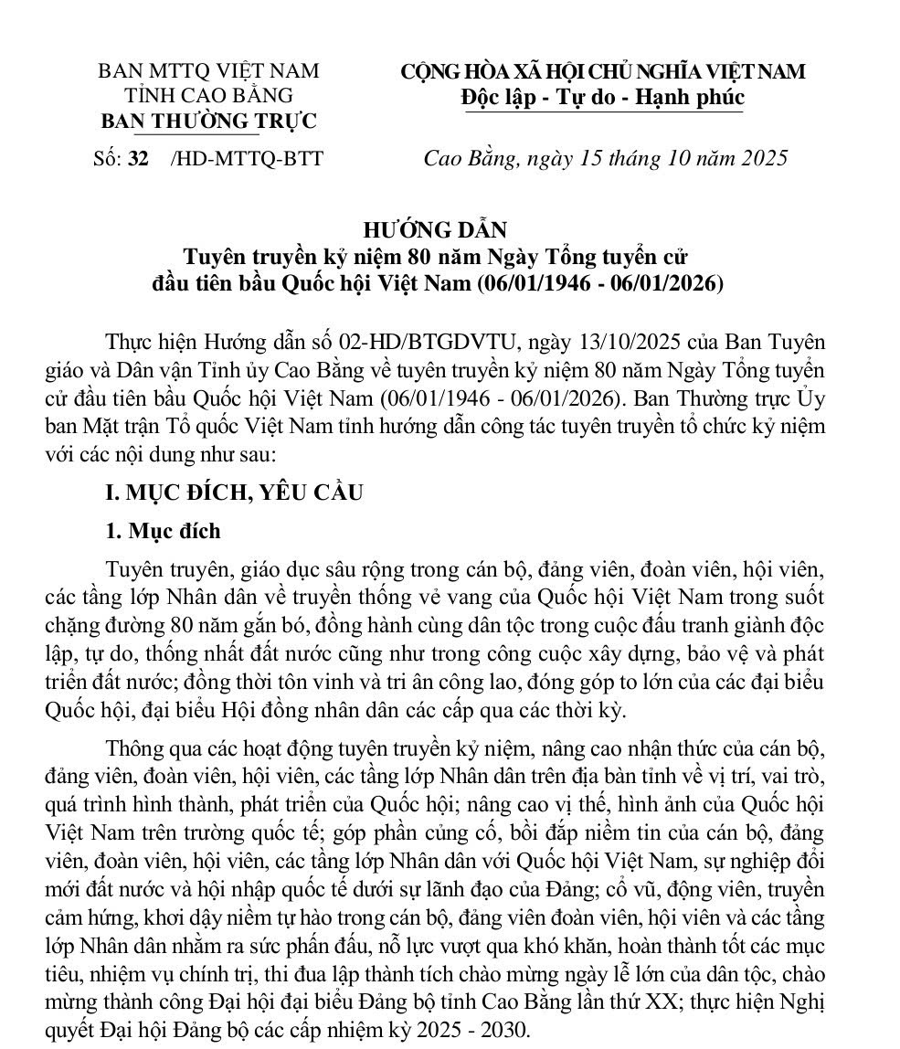 Hương dẫn và Đề cương Tuyên truyền kỷ niệm 80 năm Ngày Tổng tuyển cử đầu tiên bầu Quốc hội Việt Nam (06/01/1946 - 06/01/2026