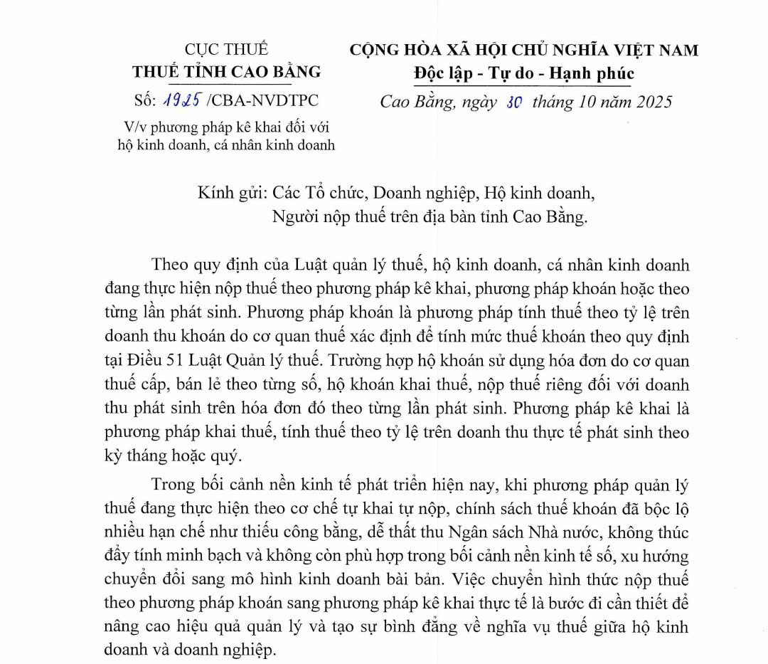 Phương pháp kê khai đối với hộ kinh doanh, cá nhân kinh doanh