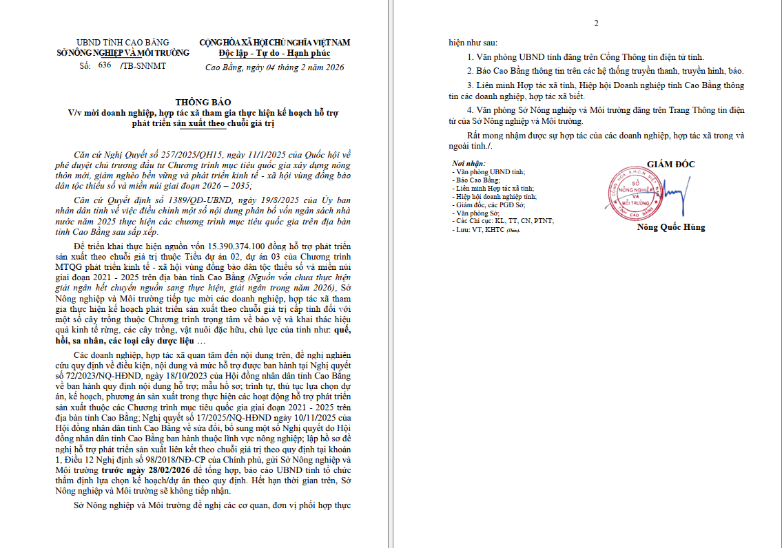 Thông báo mời Doanh nghiệp, Hợp tác xã tham gia thực hiện kế hoạch hỗ trợ phát triển sản xuất theo chuỗi giá trị