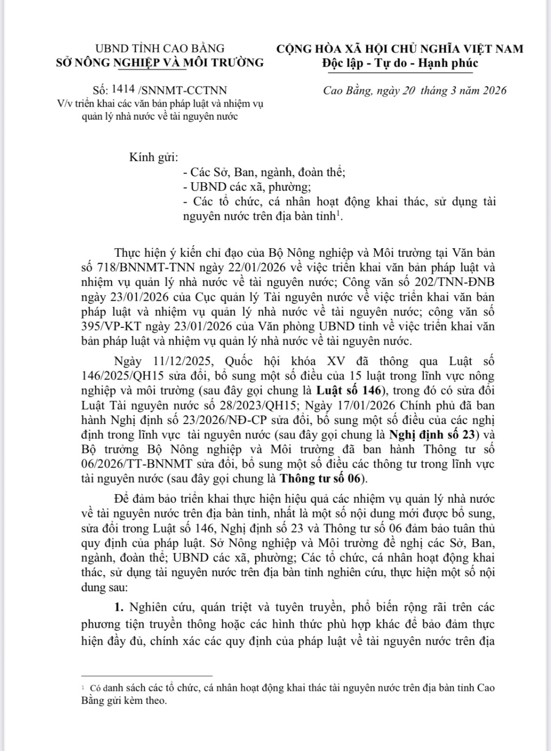 V/v triển khai văn bản pháp luật và nhiệm vụ quản lý nhà nước về tài nguyên nước