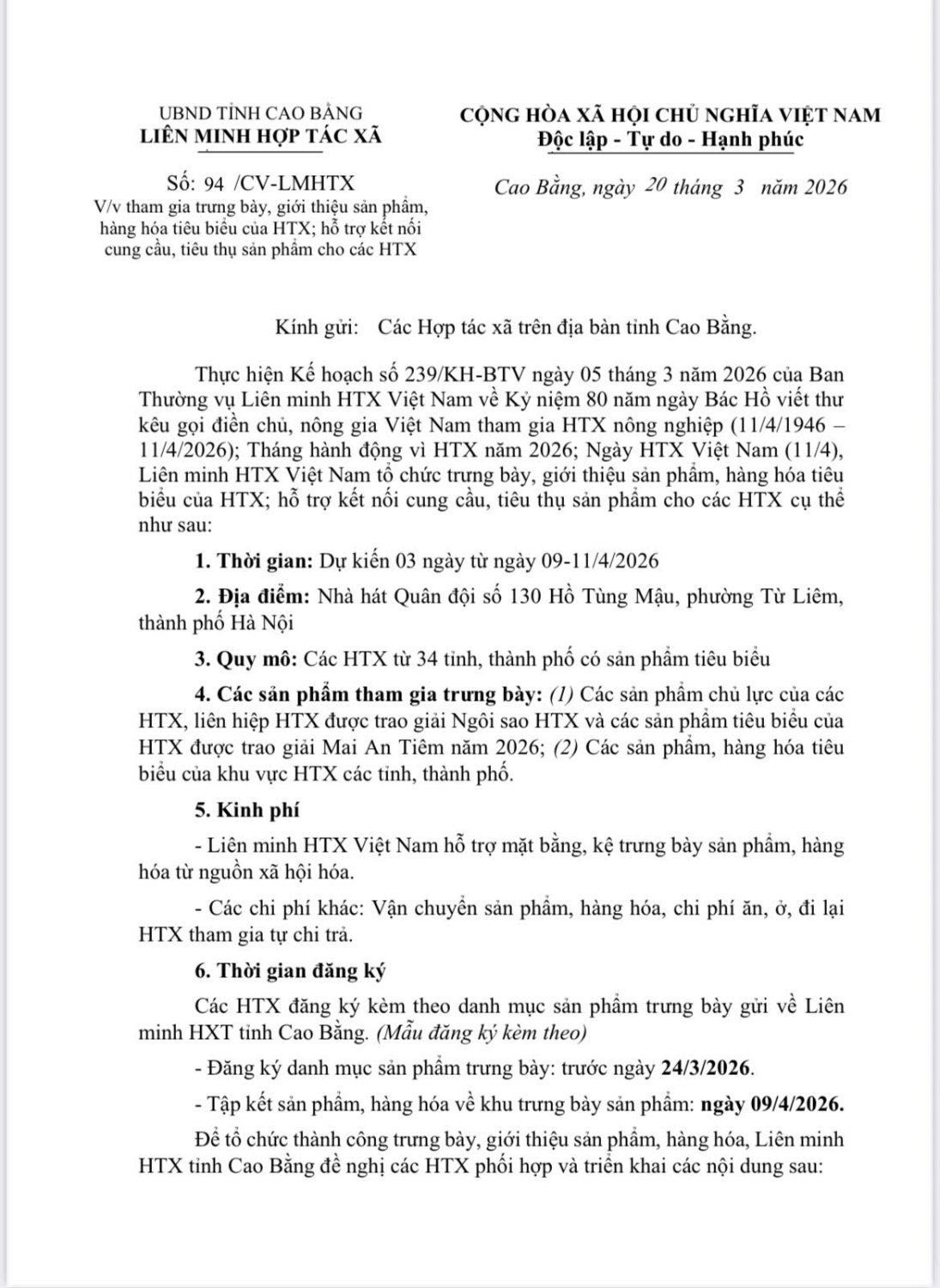 CV gửi các HTX tham gia trưng bày, giới thiệu sản phẩm