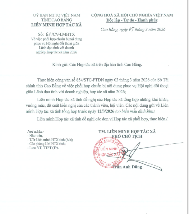 Về việc phối hợp chuẩn bị nội dung phục vụ Hội nghị đối thoại giữa Lãnh đạo tỉnh với doanh  nghiệp, hợp tác xã năm 2026