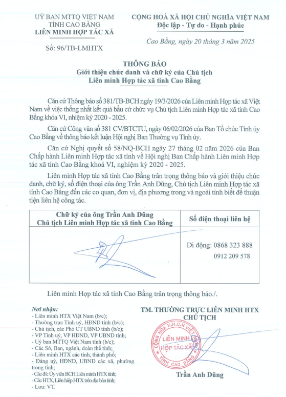 Thông báo chữ ký và số điện thoại đồng chí Trần Anh Dũng, Chủ tịch Liên minh Hợp tác xã tỉnh Cao Bằng khoá VI, nhiệm kỳ 2020 -2025