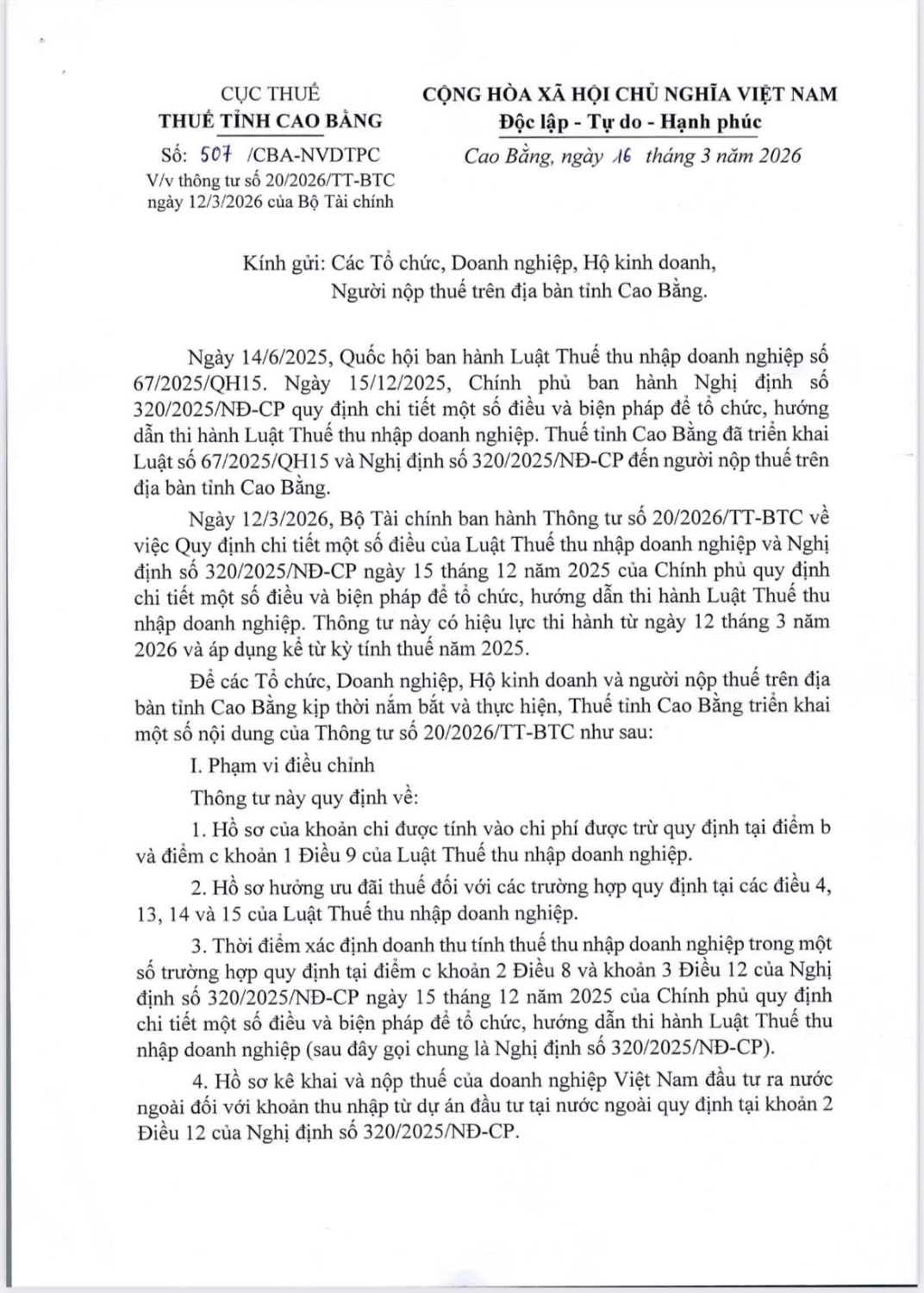 Thông tư số 20/2026/TT-BTC ngày 12/3/2026 của Bộ Tài chính