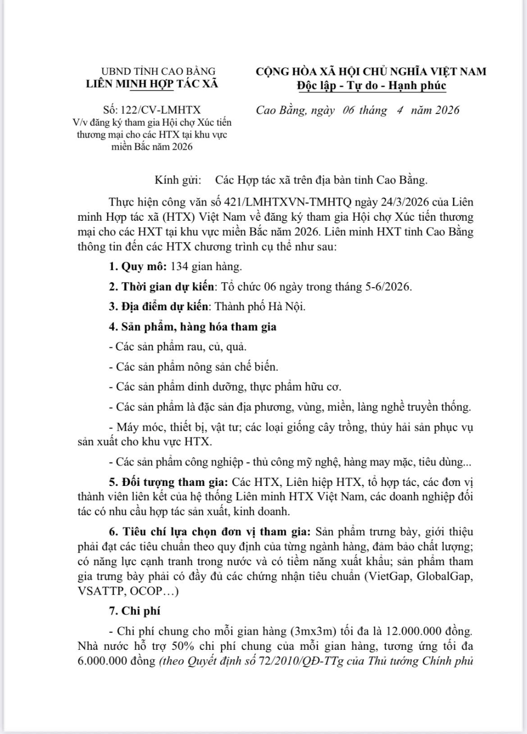 Công văn đăng ký tham gia Hội chợ Xúc tiến thương mại cho các HTX khu vực miền Bắc năm 2026