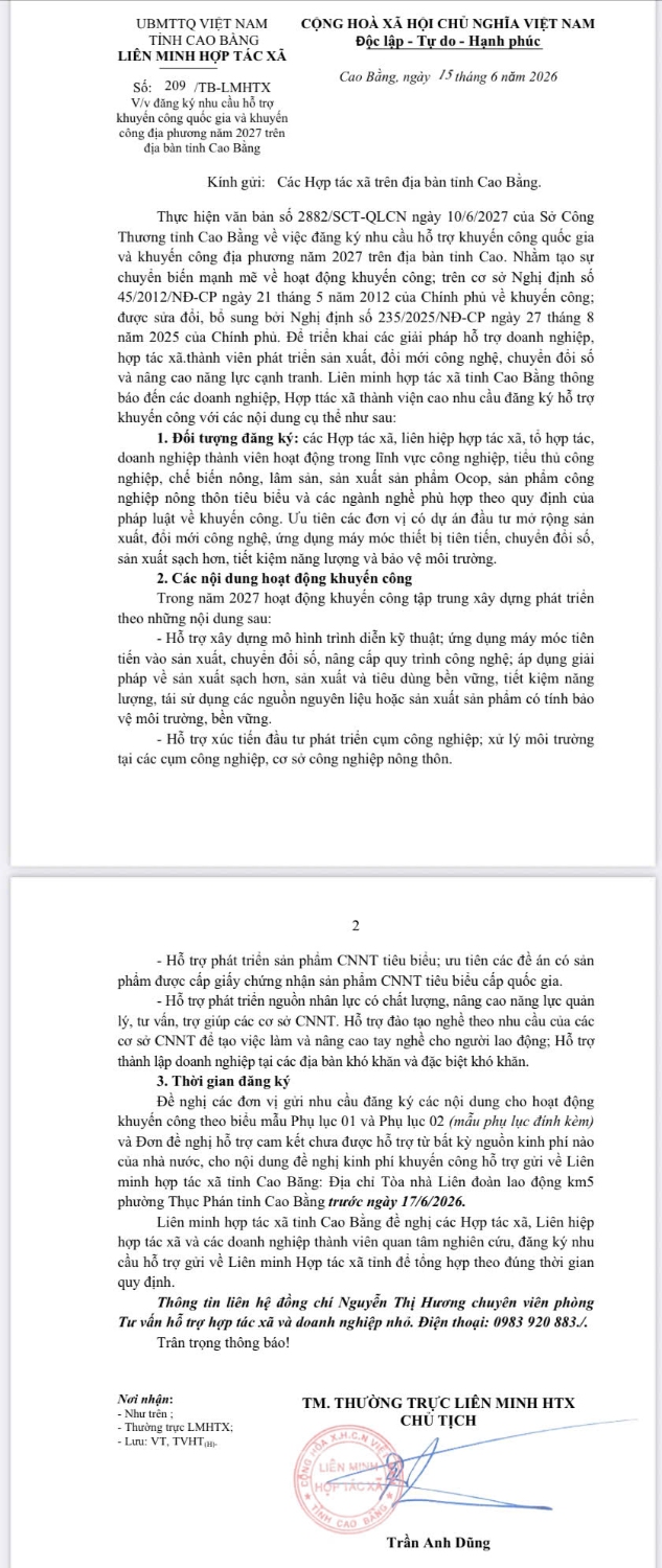 Thông báo đăng ký nhu cầu khuyến công năm 2027