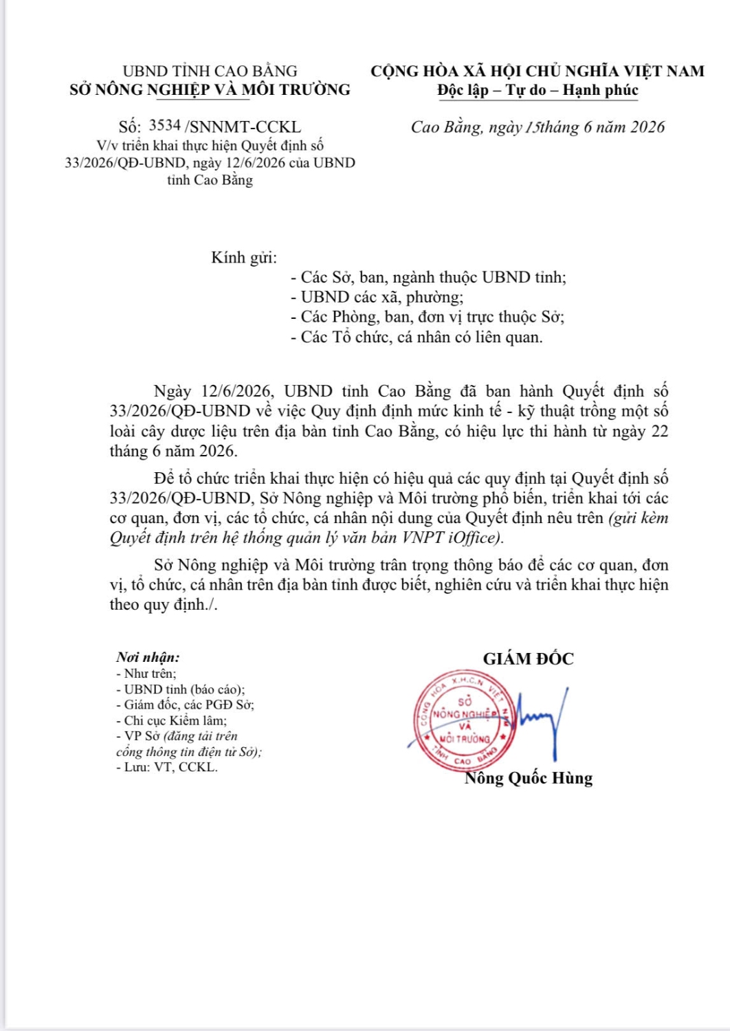 Triển khai thực hiện Quyết định số 33/2026/QĐ-UBND, ngày 12/6/2026 của UBND tỉnh Cao Bằng