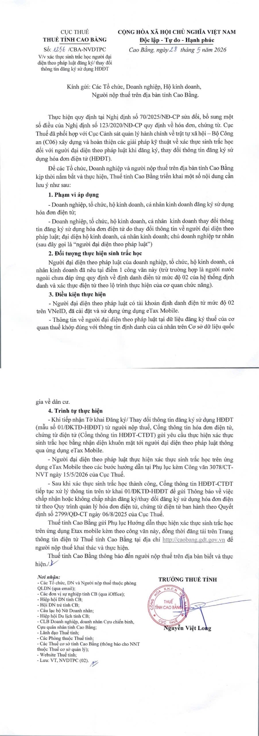 V/V XÁC THỰC SINH TRẮC HỌC NGƯỜI ĐẠI DIỆN THEO PHÁP LUẬT ĐĂNG KÝ/THAY ĐỔI THÔNG TIN ĐĂNG KÝ SỬ DỤNG HDDT